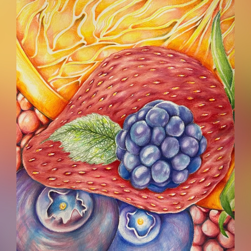 “Colorful Fruit” 11” x 14” drawing, colored pencil. Original.